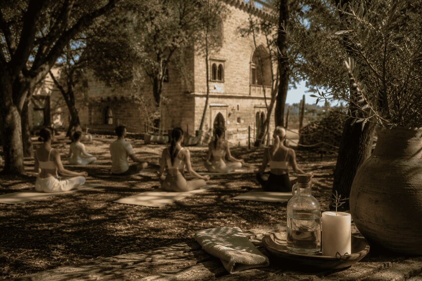 A group of people meditating in a serene outdoor setting with a historic building in the background. 1