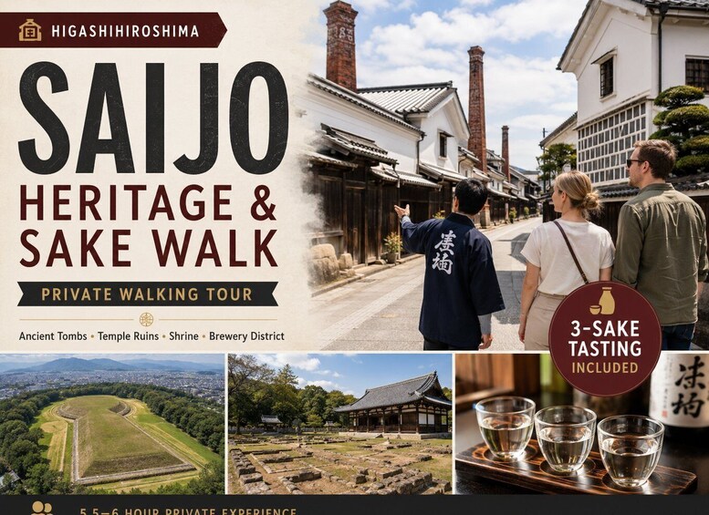 A private walking tour in Higashihiroshima, featuring ancient tombs, temple ruins, shrine, and brewery district. It includes a 3-sake tasting. 1