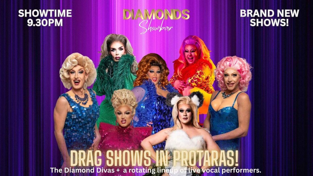 A drag show event with a purple curtain backdrop and text announcing 'SHOWTIME 9.30PM' and 'DRAG SHOWS IN PROTARAS!'. 1