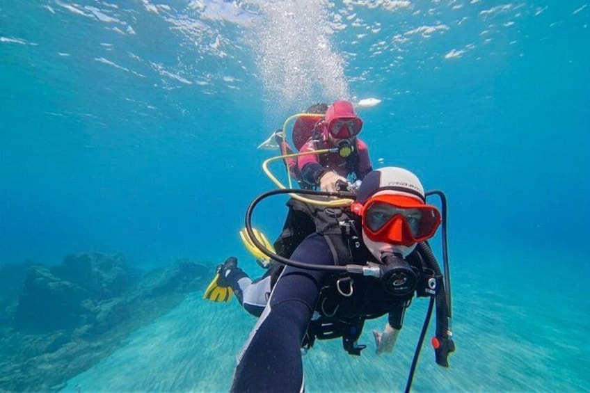Two scuba divers underwater with a clear view of the ocean floor. 1