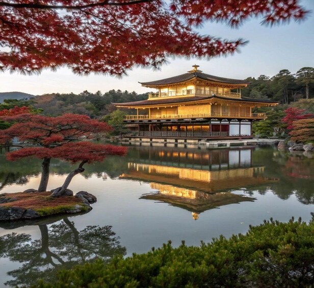 A traditional Japanese building with a reflection in a calm pond, surrounded by autumn foliage. 2