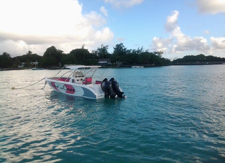 A boat named 'One Love' anchored in calm waters with a clear sky and distant shoreline. 5