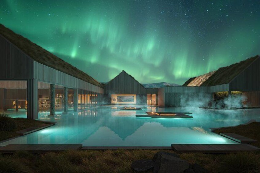 A modern building with a reflective pool, surrounded by wooden structures, under a night sky with the Northern Lights. 2