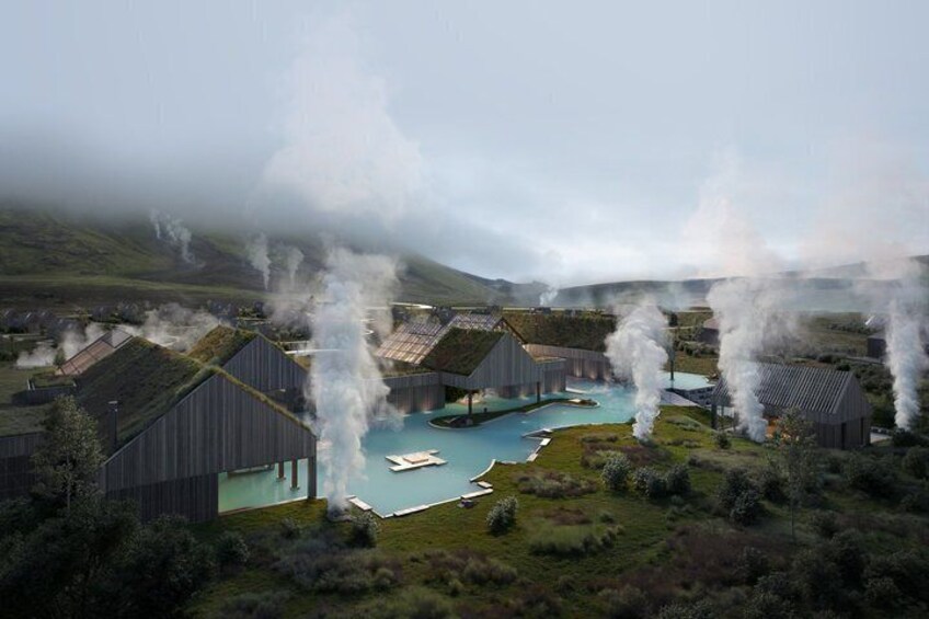 A geothermal spa area with steam vents, a pool, and wooden buildings. 1