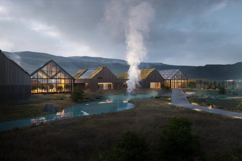 A modern building complex with a swimming pool, surrounded by a natural landscape with mountains in the background. 4