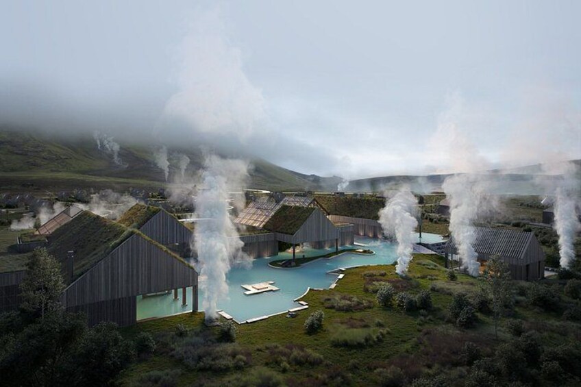 A geothermal spa with steam vents, a pool, and wooden buildings. 1