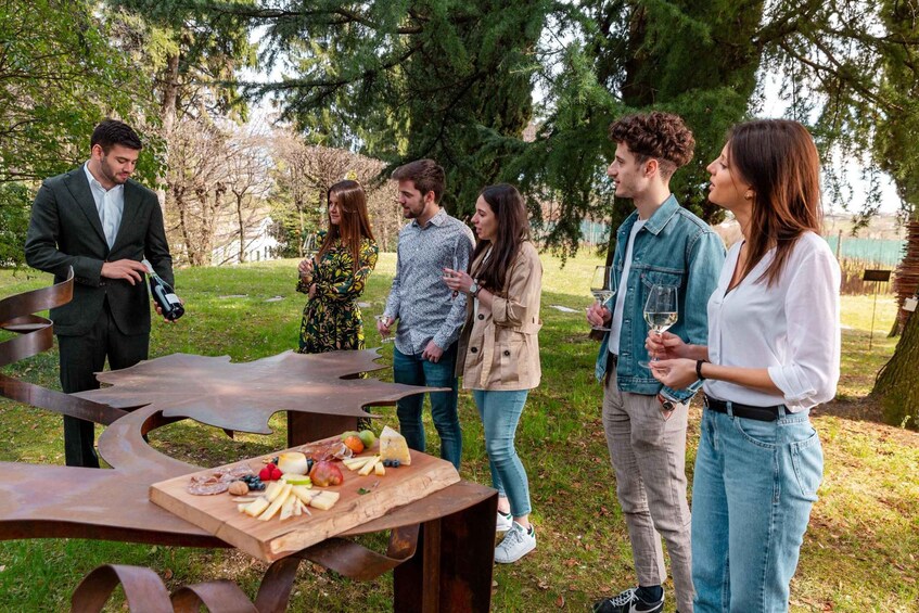 A group of people standing around a picnic table with food and drinks in a park. 4