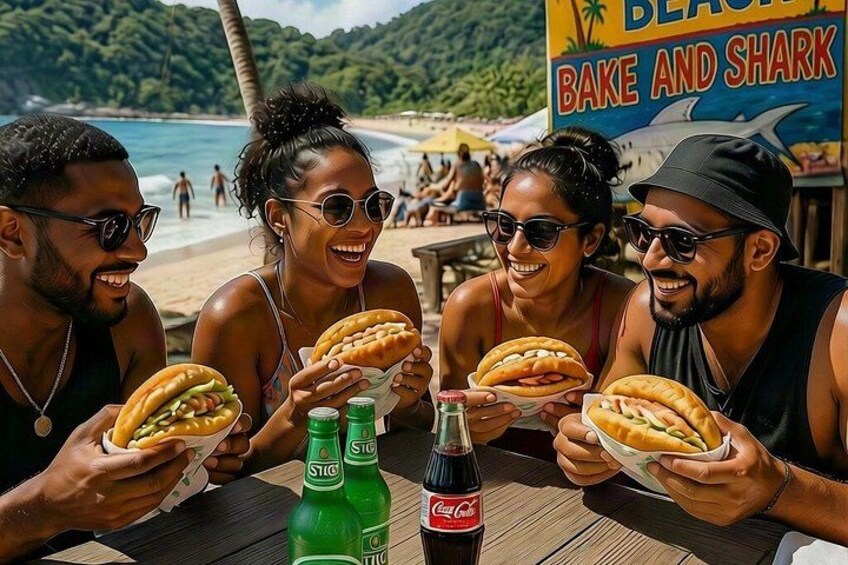 Menschen sitzen an einem Tisch mit Hot Dogs und Getränken, im Hintergrund ein Strand und ein Schild. 1