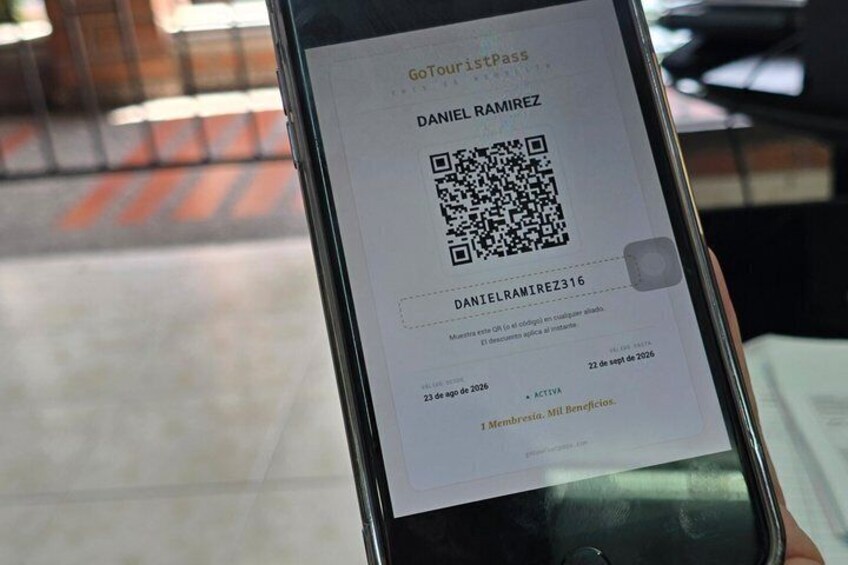 A QR code on a document titled 'GoTouristPass' with the name 'DANIEL RAMIREZ' and a QR code. 2