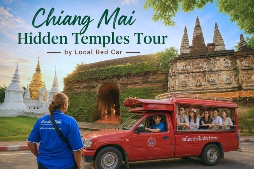 A red car with passengers touring hidden temples in Chiang Mai. 1