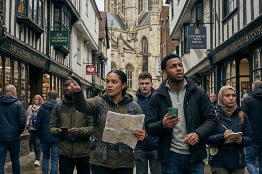 A group of people in a narrow street with historical buildings, one person holding a map and another using a smartphone. 3