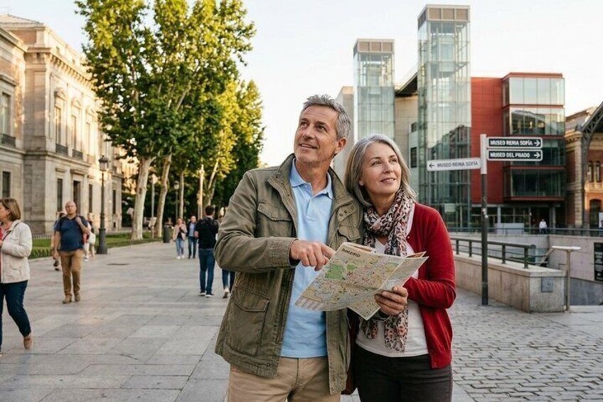 A couple holding a map in a public square with buildings and trees in the background. 3