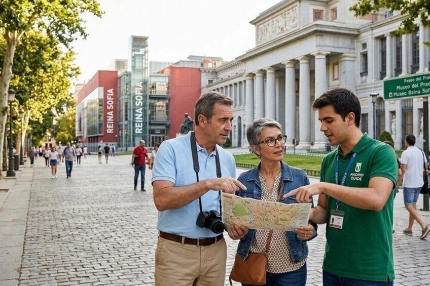 Three people examining a map on a cobblestone street with historical buildings in the background. 2