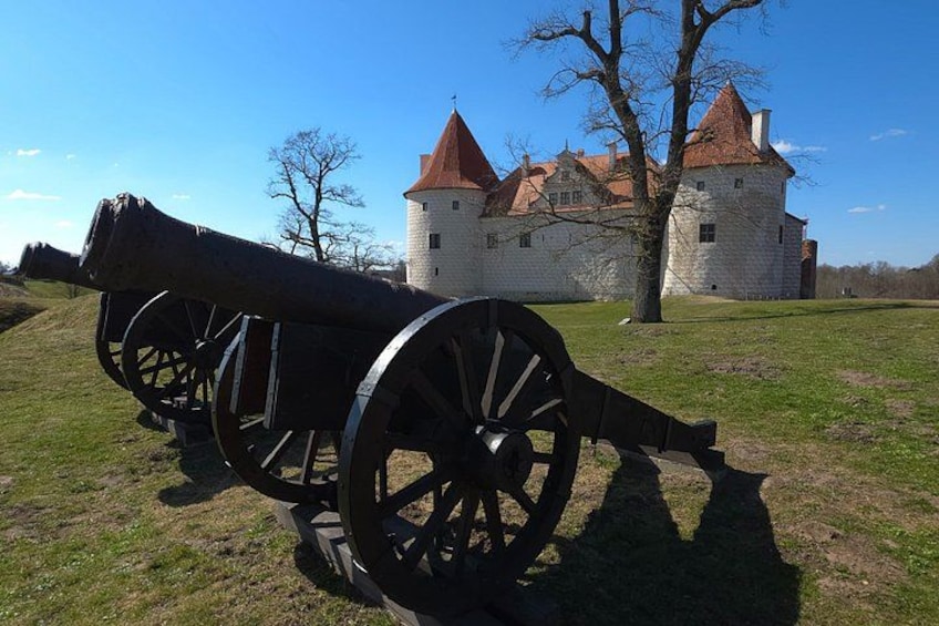 A cannon in a grassy field with a castle in the background. 4