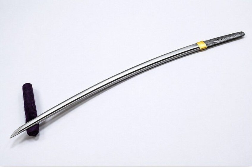 A curved metallic object with a pointed end and a purple handle. 4