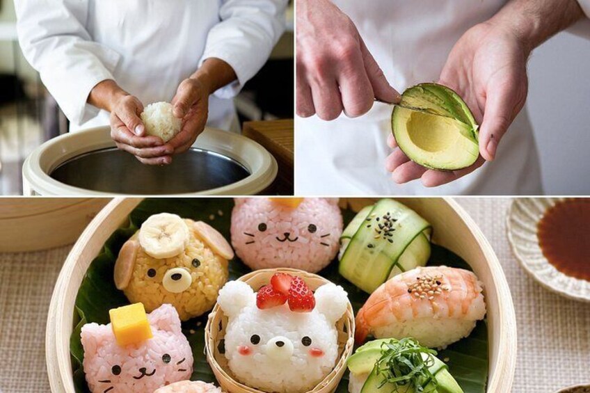 Hands preparing food, a bowl of rice, and a tray of sushi with various toppings. 1