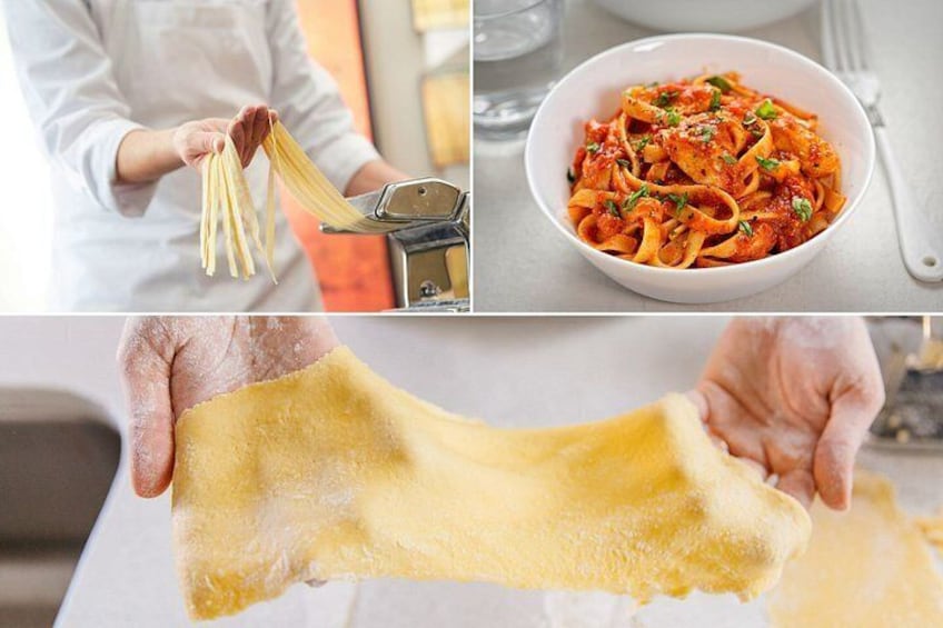 A person making pasta, a bowl of pasta with sauce, and a piece of dough. 1