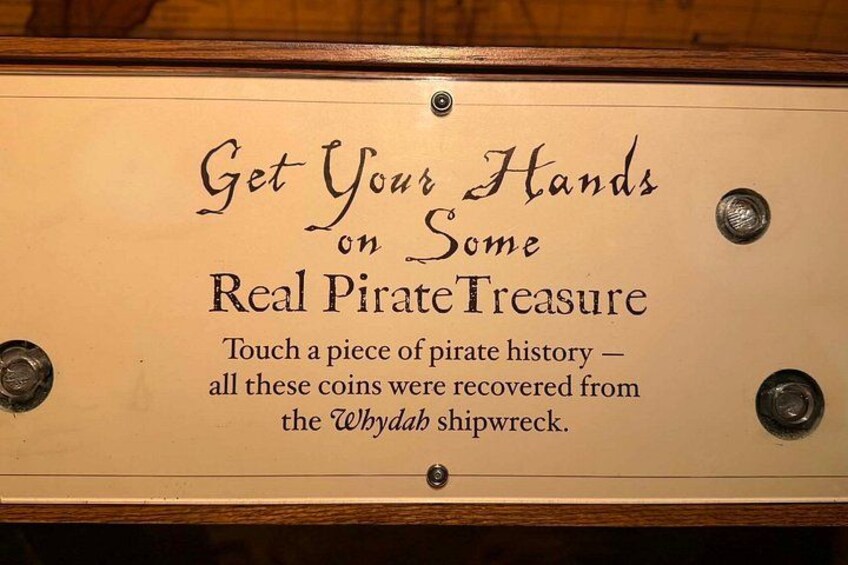 A display case with a sign about pirate treasures. 5