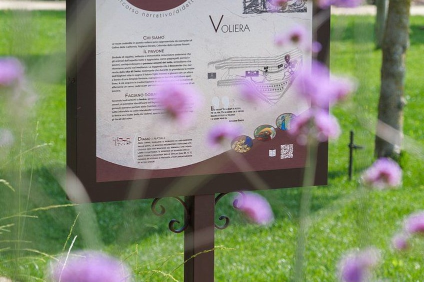 An informational sign with text and graphics, set against a backdrop of green grass and purple flowers. 2