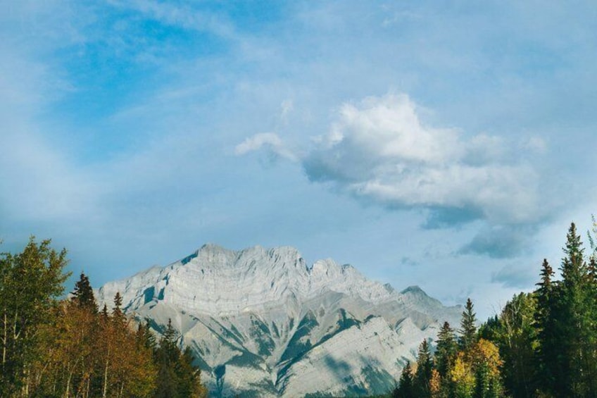 A mountain range with snow-capped peaks, surrounded by coniferous trees. 5