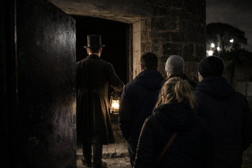 A group of people walking towards a doorway at night, illuminated by a lantern. 2