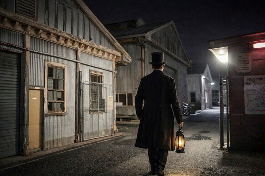 A person walking down a dimly lit street at night, holding a lantern, with old buildings and a signboard in the background. 1