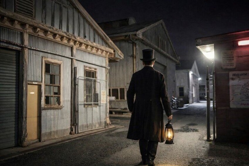 A person walking down a dimly lit street at night, holding a lantern. 1