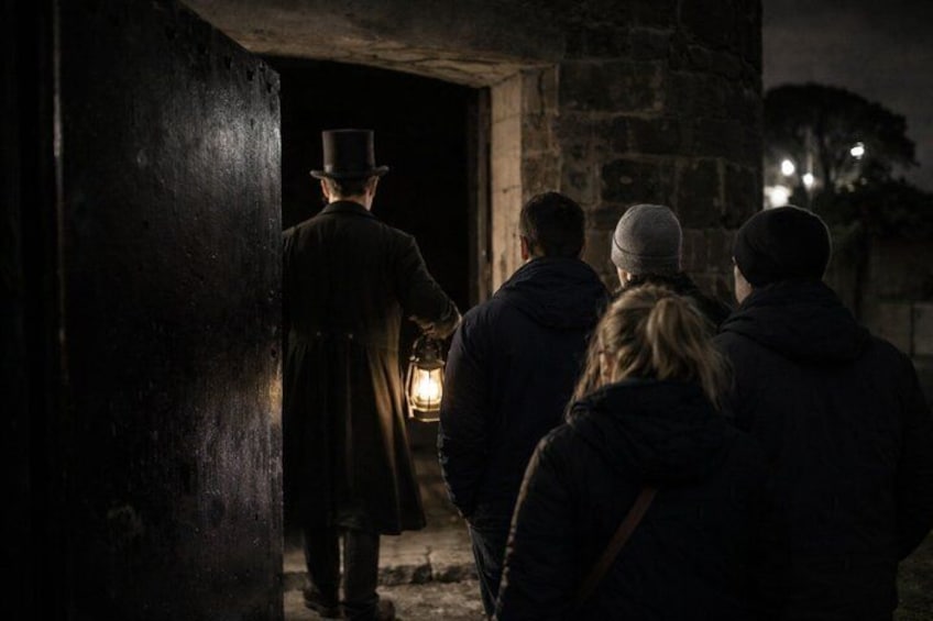 A group of people walking through a dimly lit doorway at night. 4