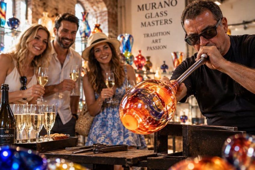 A person blowing glass at a Murano glass workshop. 1