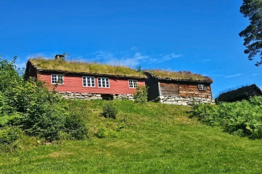A red wooden house with a stone foundation, surrounded by lush greenery and a clear blue sky. 5