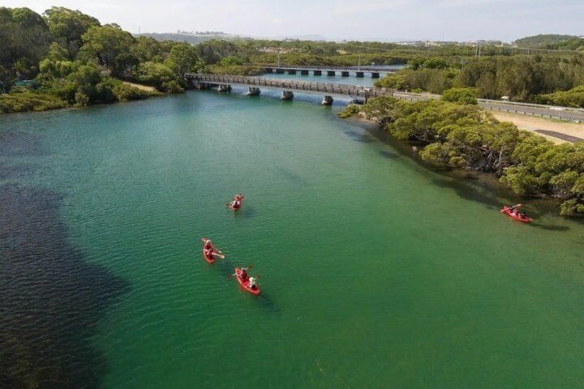A river with kayaks, a bridge, and dense greenery. 1