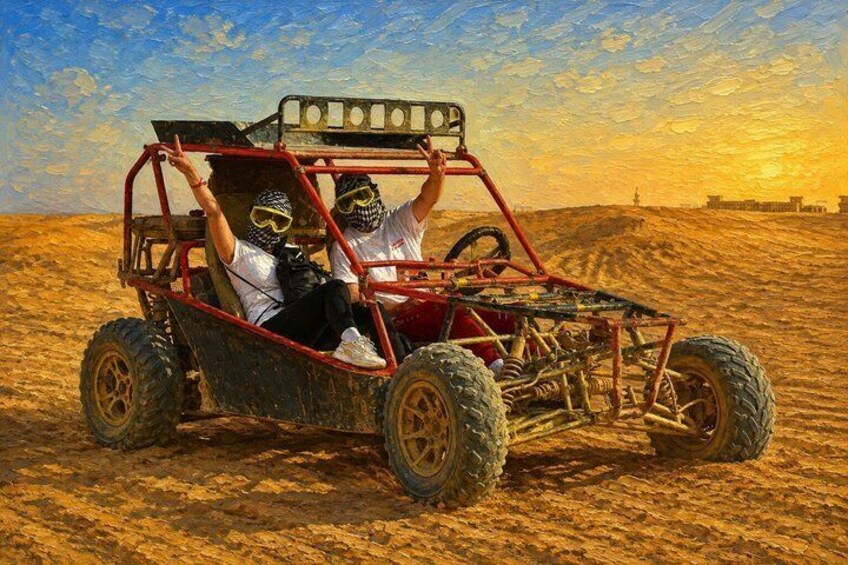 A desert landscape with a red off-road vehicle and two people wearing white shirts and black pants. 3