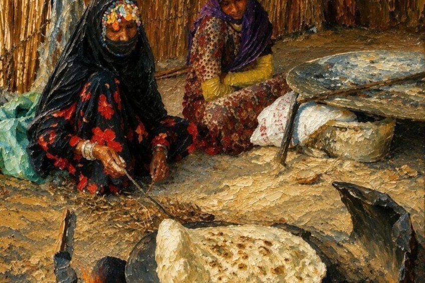 Two women sitting on the ground, one weaving a basket. 4