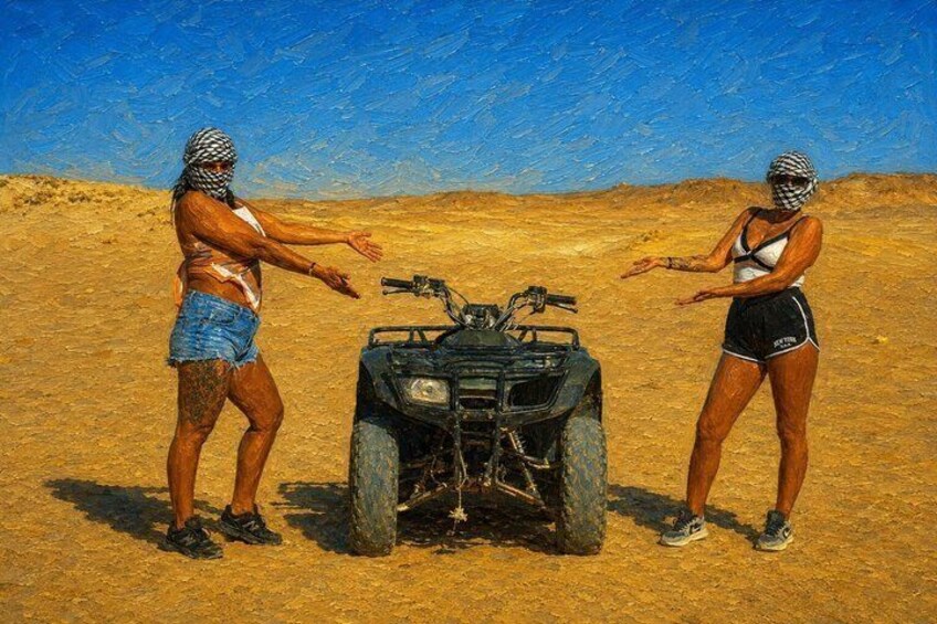 Two people in a desert landscape with an ATV. 2