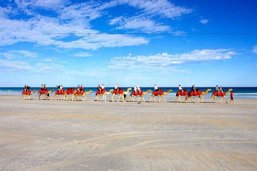 A group of camels with riders on a beach. 2