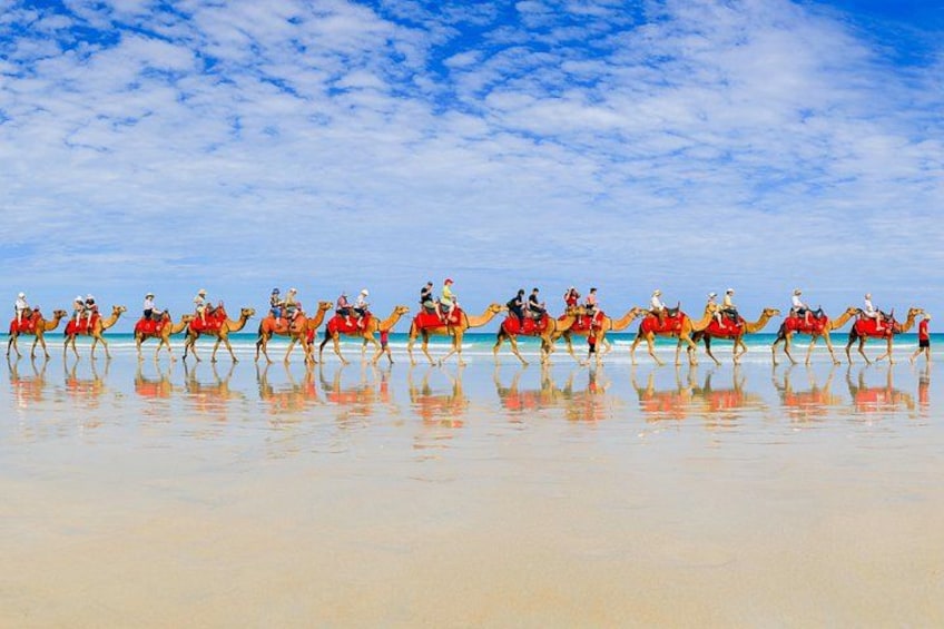 A group of people riding camels on a beach with a clear sky. 1