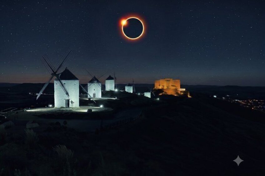 Solar Eclipse 2026 in the Mills of La Mancha from Madrid 1