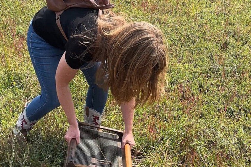 A person using a rake in a grassy field. 3
