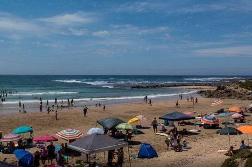 A beach with people, umbrellas, and tents. 4