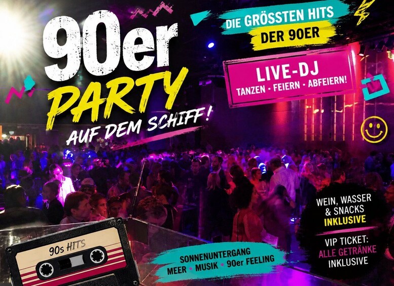 A 90s themed party with a DJ, neon lights, and a crowd dancing. 1