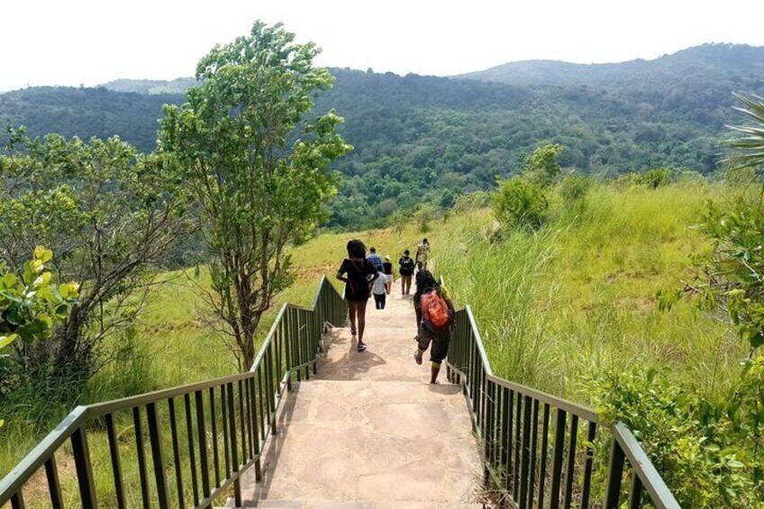 A concrete pathway with metal railings, surrounded by greenery and hills in the background. 1