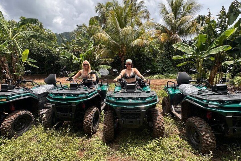 Three ATVs parked in a tropical setting with dense vegetation and palm trees in the background. 4
