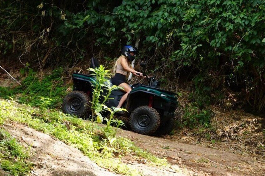 A person riding an ATV on a dirt path surrounded by dense greenery. 3