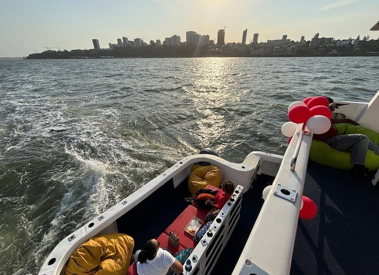 A boat with passengers, a city skyline in the background, and a body of water. 4