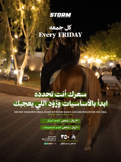 A person riding a horse at night with trees and lights in the background. 2