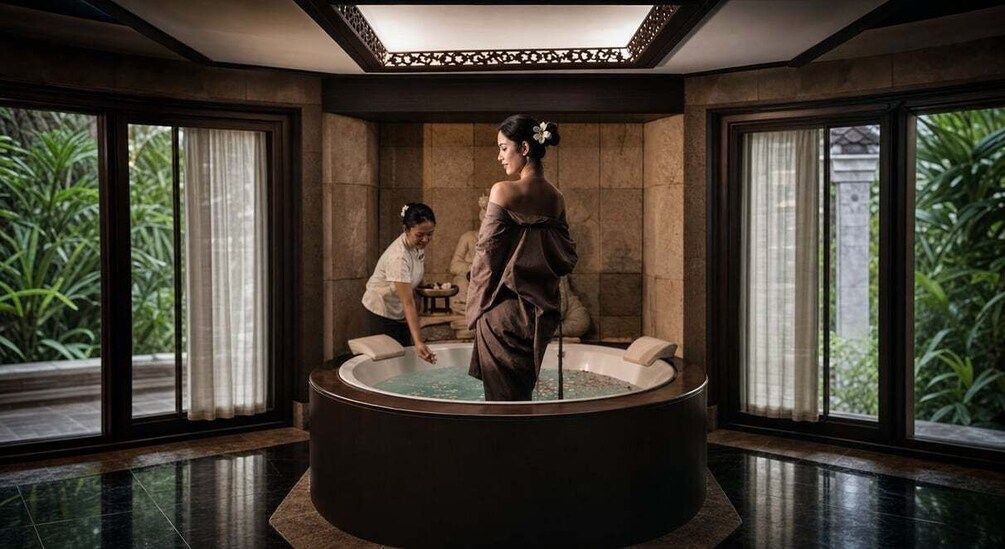 A woman in a bathrobe standing in a circular hot tub with a person attending to her. 5