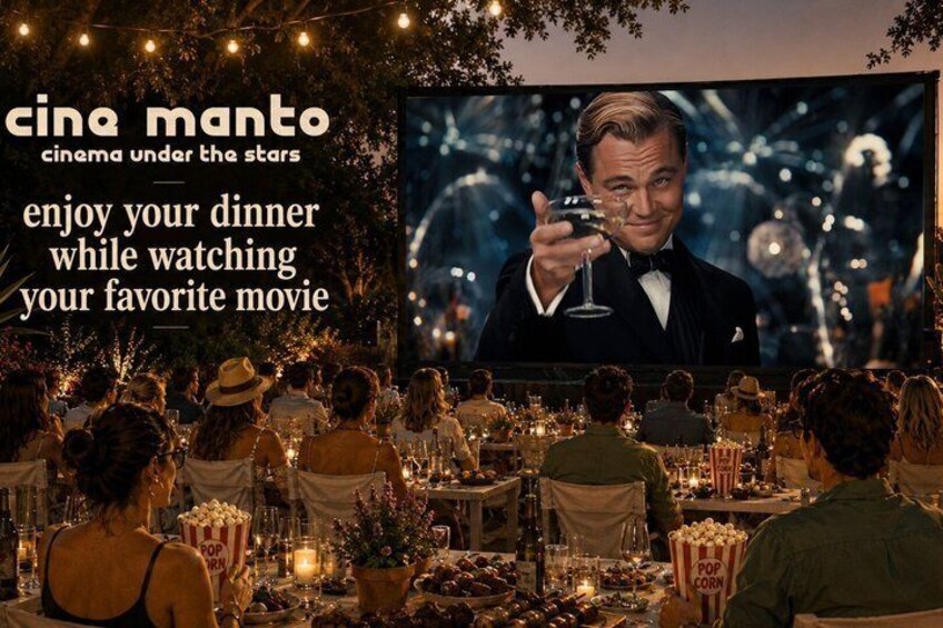 An outdoor dining area with tables set for a meal, a large screen displaying a movie, and string lights overhead. 1