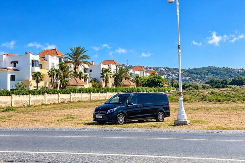 A black van parked on a road with a white lamppost, houses, and palm trees in the background. 3