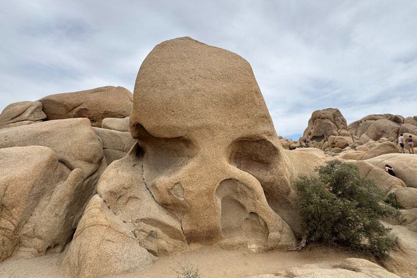 A large rock formation with a face-like appearance in a desert landscape. 2