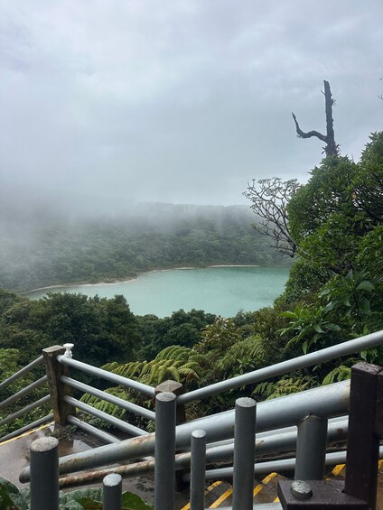 A coastal landscape with a staircase leading down to a turquoise bay, surrounded by dense greenery and a cloudy sky. 1